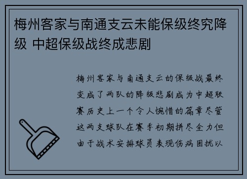 梅州客家与南通支云未能保级终究降级 中超保级战终成悲剧